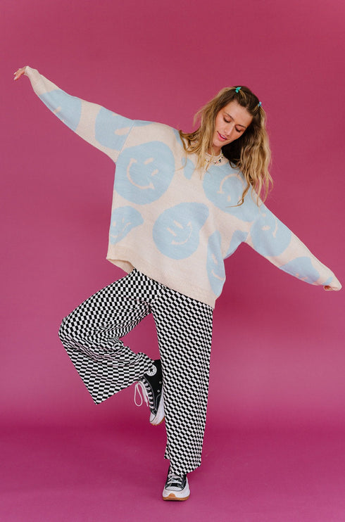 Happy Daze Smiley Sweater // Blue